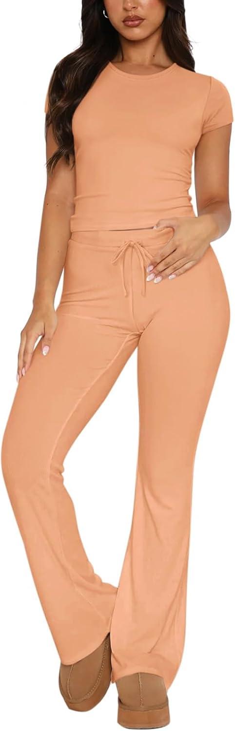 imageREORIA Womens 2 Piece Lounge Sets Short Sleeve Basic Tops Straight Leg Pants Comfy Casual Outfits TracksuitsPeach