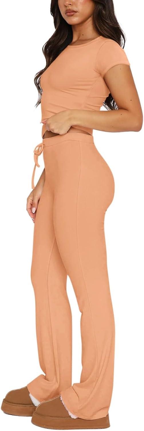 imageREORIA Womens 2 Piece Lounge Sets Short Sleeve Basic Tops Straight Leg Pants Comfy Casual Outfits TracksuitsPeach