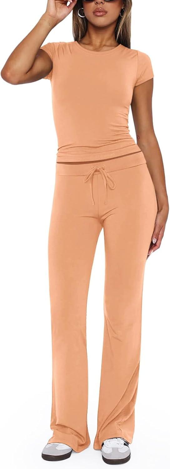 imageREORIA Womens 2 Piece Lounge Sets Short Sleeve Basic Tops Straight Leg Pants Comfy Casual Outfits TracksuitsPeach