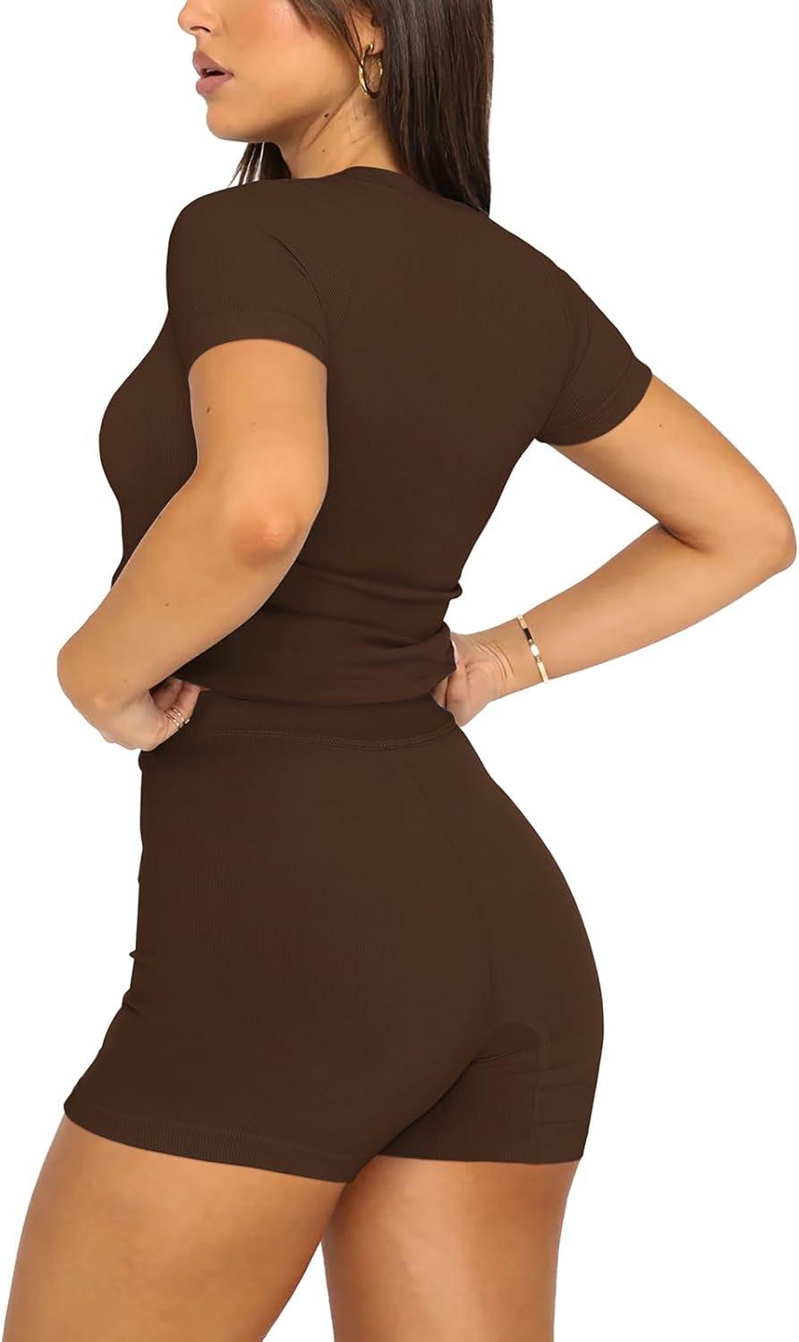 imageREORIA Womens 2 Piece Workout Sets Short Matching Casual Summer Outfits Slim Fitted Going Out Gym Yoga Athletic TracksuitsCoffee