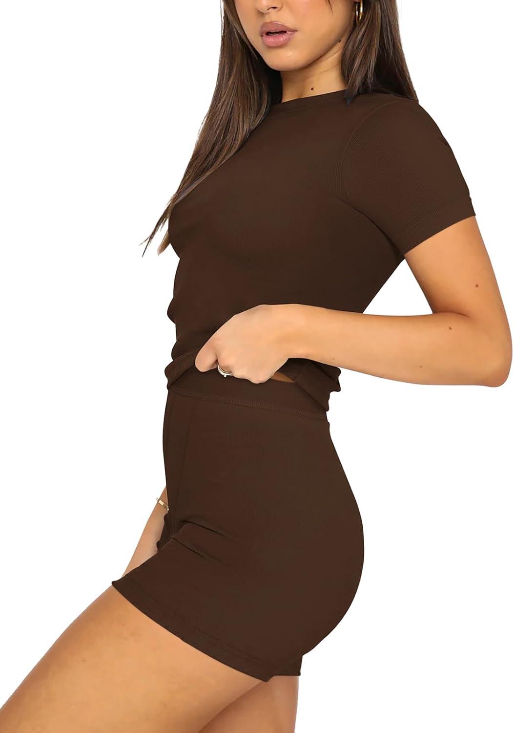 imageREORIA Womens 2 Piece Workout Sets Short Matching Casual Summer Outfits Slim Fitted Going Out Gym Yoga Athletic TracksuitsCoffee