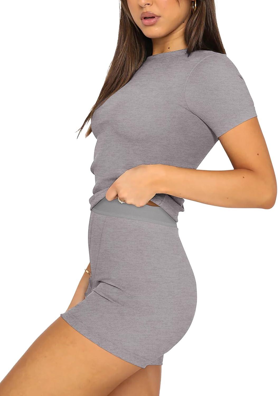 imageREORIA Womens 2 Piece Workout Sets Short Matching Casual Summer Outfits Slim Fitted Going Out Gym Yoga Athletic TracksuitsHeather Grey