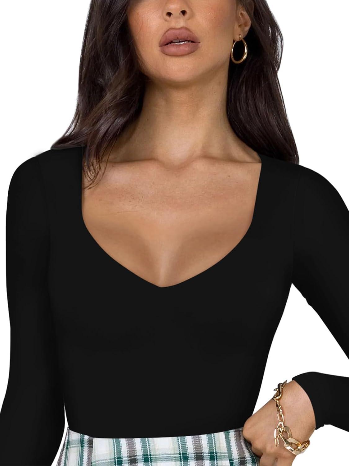 imageREORIA Womens Basic Sexy V Neck Double Lined Long Sleeve Slimming Going Out Thong Bodysuits TopsBlack