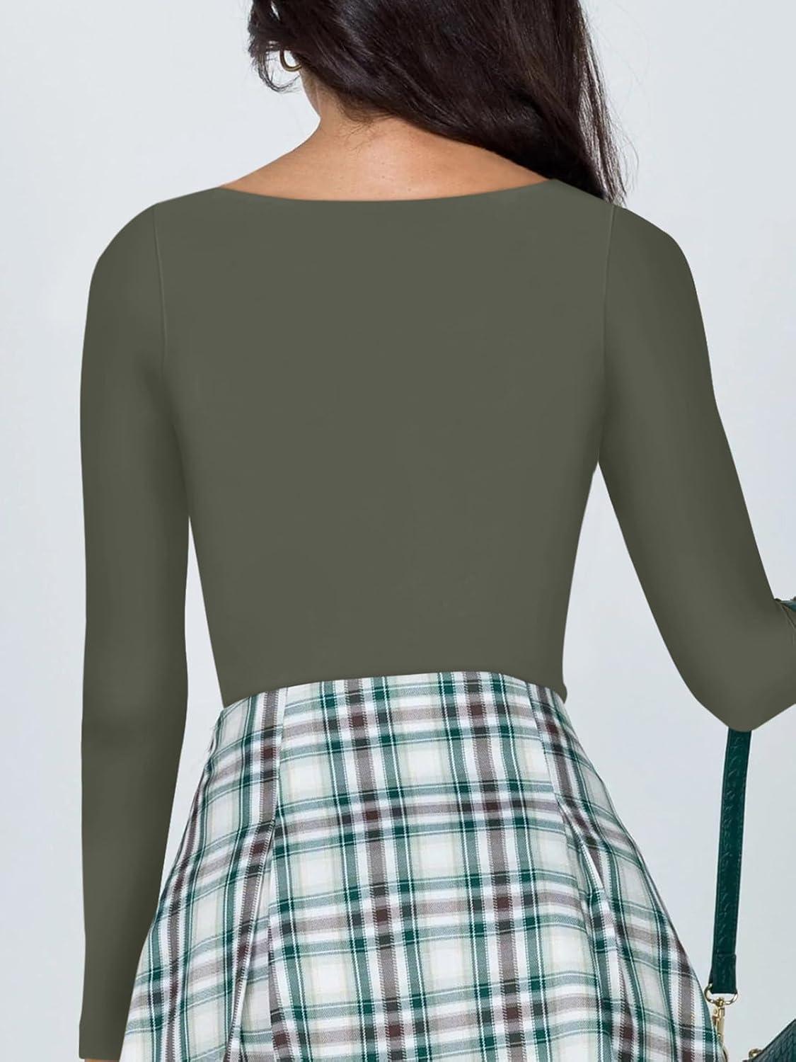 imageREORIA Womens Basic Sexy V Neck Double Lined Long Sleeve Slimming Going Out Thong Bodysuits TopsGrey Green