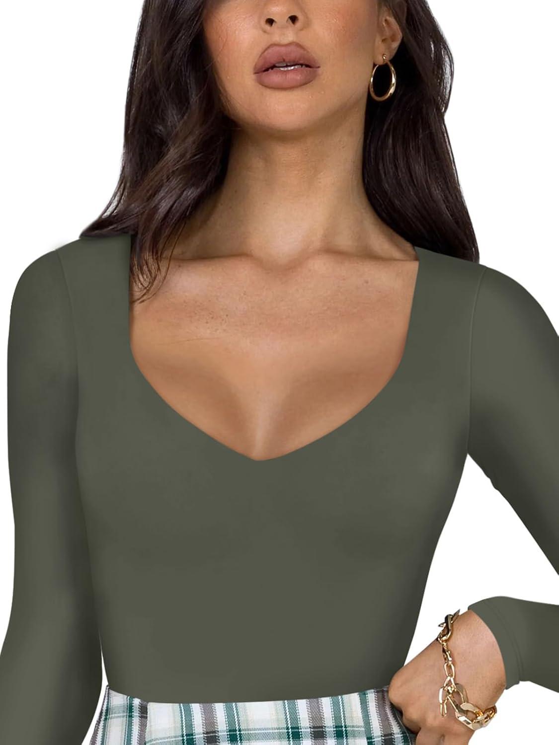 imageREORIA Womens Basic Sexy V Neck Double Lined Long Sleeve Slimming Going Out Thong Bodysuits TopsGrey Green