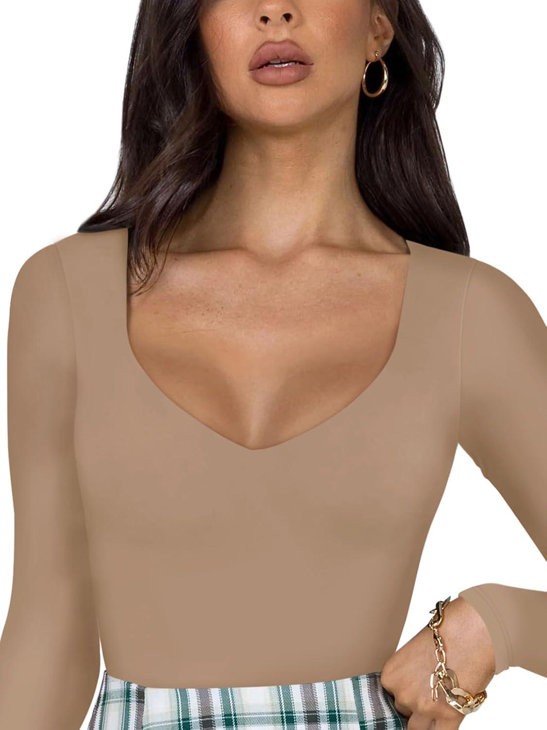 imageREORIA Womens Basic Sexy V Neck Double Lined Long Sleeve Slimming Going Out Thong Bodysuits TopsKhaki