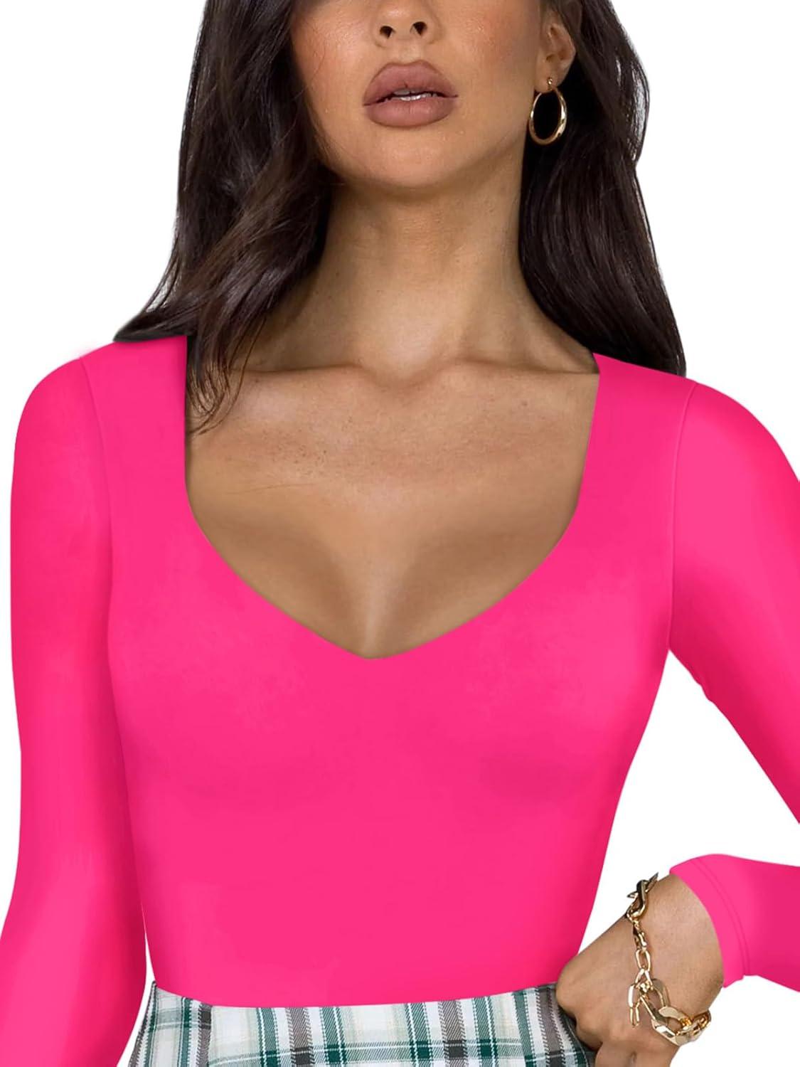 imageREORIA Womens Basic Sexy V Neck Double Lined Long Sleeve Slimming Going Out Thong Bodysuits TopsNeon Rose Red