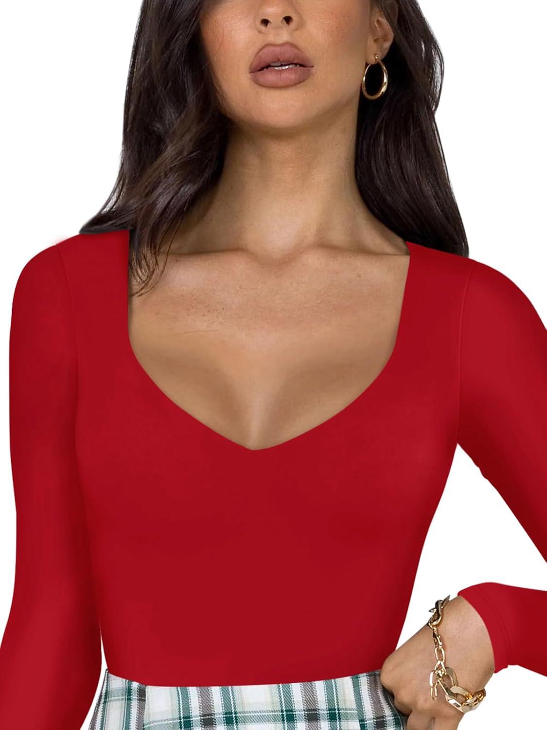 imageREORIA Womens Basic Sexy V Neck Double Lined Long Sleeve Slimming Going Out Thong Bodysuits TopsRed