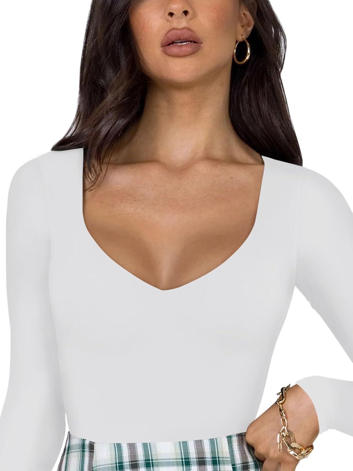 imageREORIA Womens Basic Sexy V Neck Double Lined Long Sleeve Slimming Going Out Thong Bodysuits TopsWhite