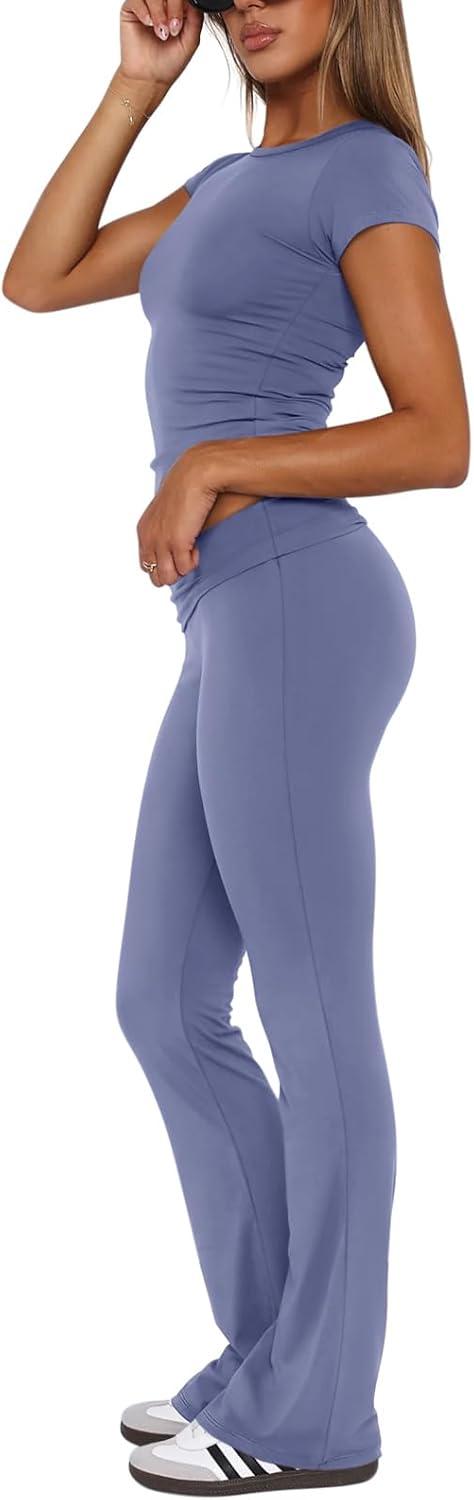 imageREORIA Womens Casual Outfits Soft Short Sleeve Crop Top Fold Over Flare Pants Y2K 2 Piece Pajama Lounge SetsBlue Nova