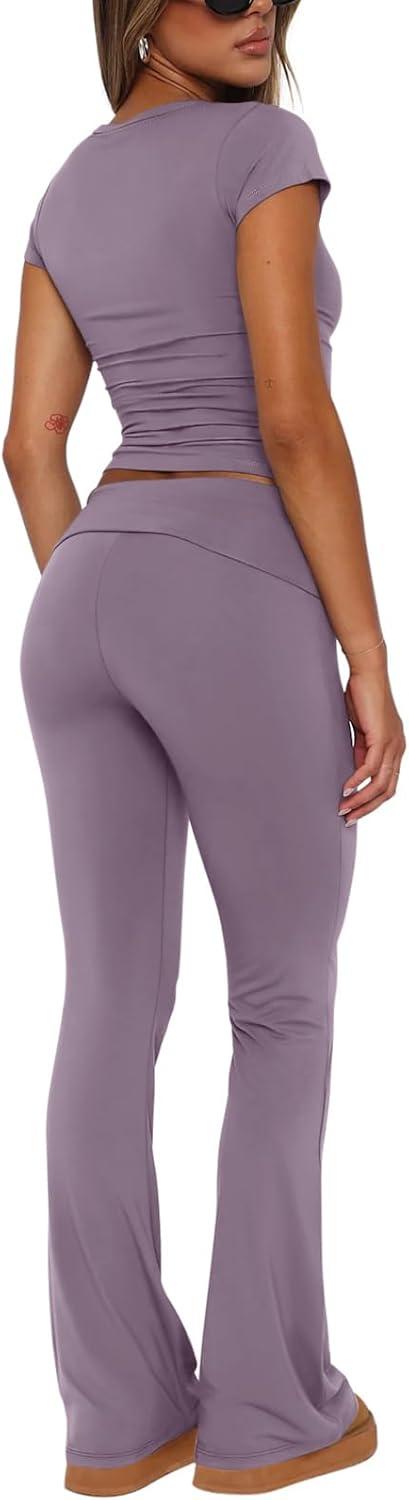imageREORIA Womens Casual Outfits Soft Short Sleeve Crop Top Fold Over Flare Pants Y2K 2 Piece Pajama Lounge SetsHazy Lilac