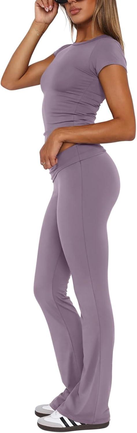 imageREORIA Womens Casual Outfits Soft Short Sleeve Crop Top Fold Over Flare Pants Y2K 2 Piece Pajama Lounge SetsHazy Lilac