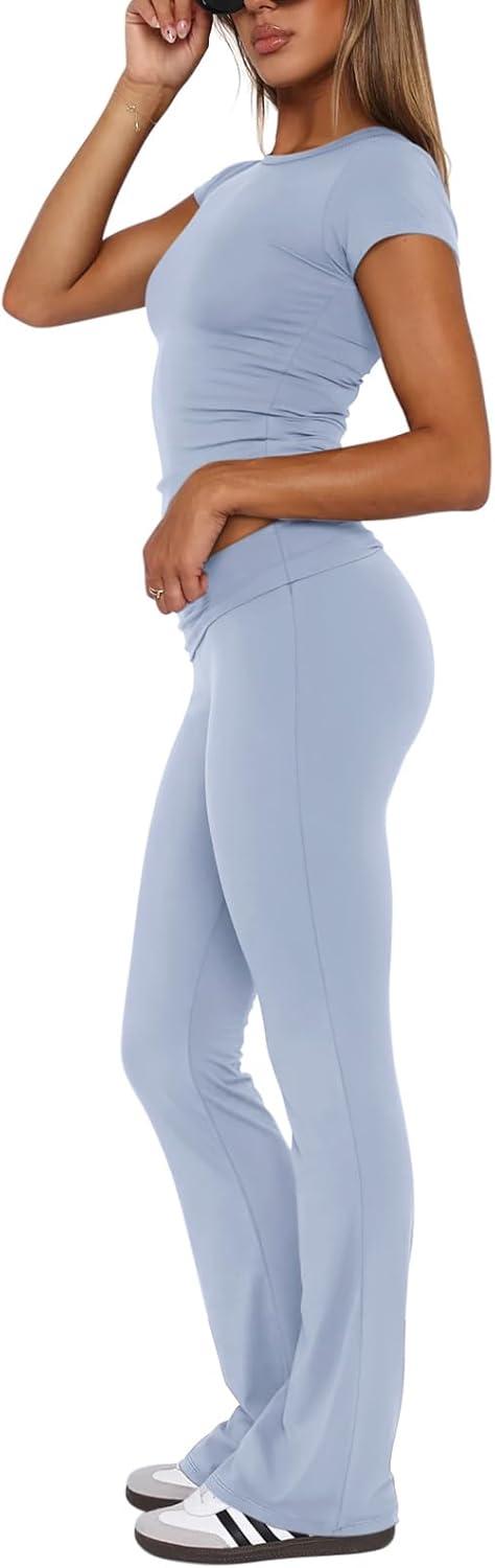 imageREORIA Womens Casual Outfits Soft Short Sleeve Crop Top Fold Over Flare Pants Y2K 2 Piece Pajama Lounge SetsLight Blue