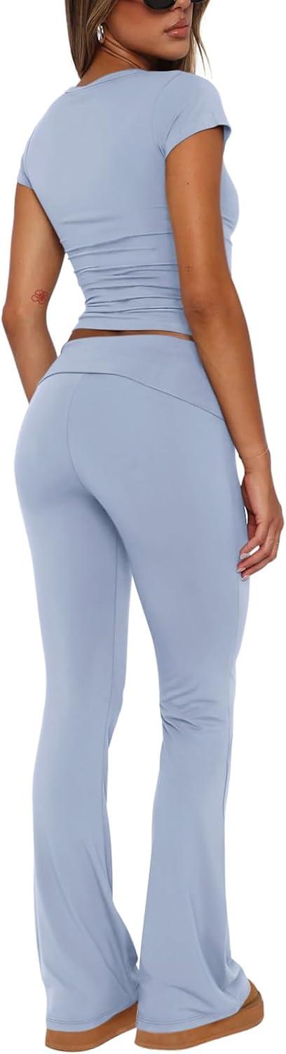 imageREORIA Womens Casual Outfits Soft Short Sleeve Crop Top Fold Over Flare Pants Y2K 2 Piece Pajama Lounge SetsLight Blue