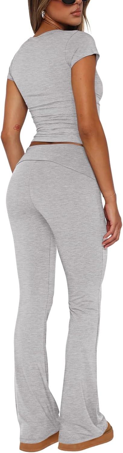 imageREORIA Womens Casual Outfits Soft Short Sleeve Crop Top Fold Over Flare Pants Y2K 2 Piece Pajama Lounge SetsLight Heather Grey