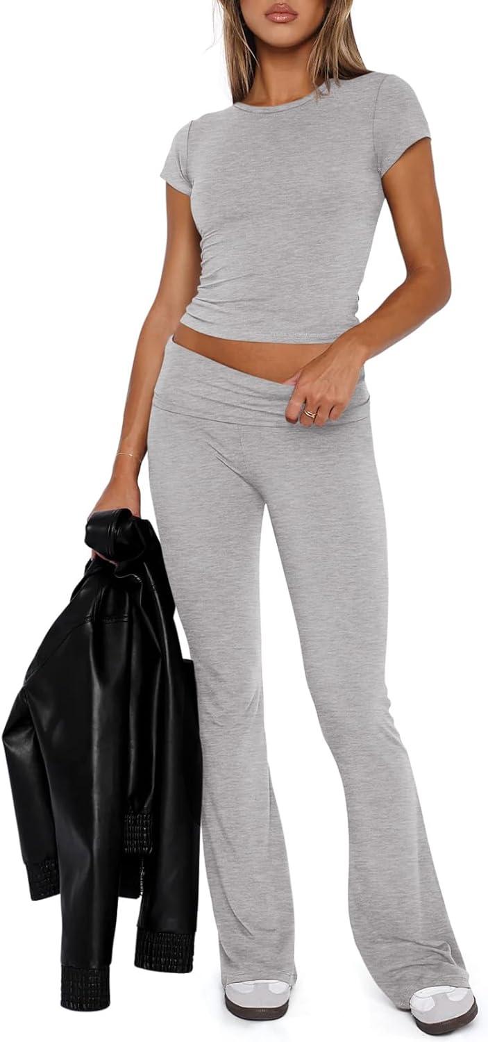 imageREORIA Womens Casual Outfits Soft Short Sleeve Crop Top Fold Over Flare Pants Y2K 2 Piece Pajama Lounge SetsLight Heather Grey