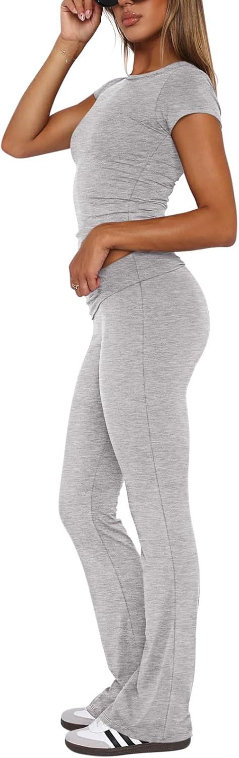 imageREORIA Womens Casual Outfits Soft Short Sleeve Crop Top Fold Over Flare Pants Y2K 2 Piece Pajama Lounge SetsLight Heather Grey