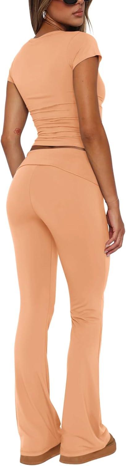 imageREORIA Womens Casual Outfits Soft Short Sleeve Crop Top Fold Over Flare Pants Y2K 2 Piece Pajama Lounge SetsPeach Fuzz
