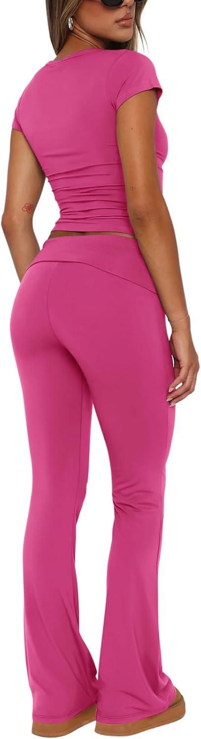 imageREORIA Womens Casual Outfits Soft Short Sleeve Crop Top Fold Over Flare Pants Y2K 2 Piece Pajama Lounge SetsRose Red