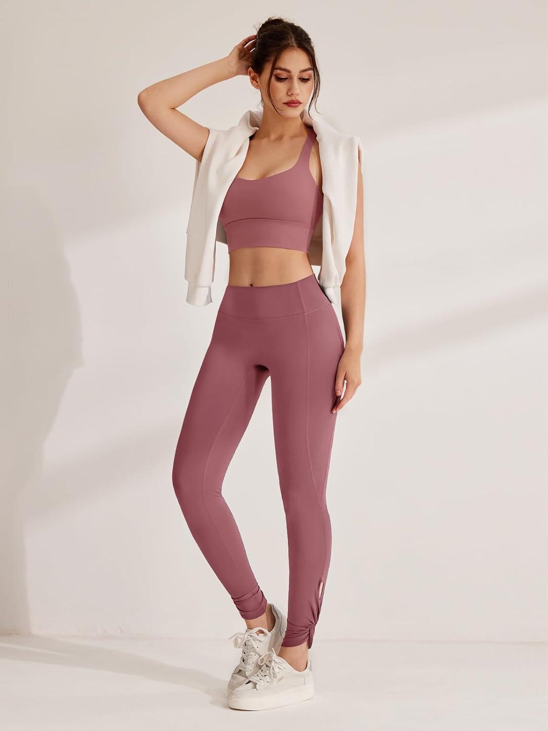 imageREORIA Womens Fashion Trendy Ankle Twist Knot Full Length Yoga Pants Stretchy Workout Lounge Legging 28Red Bean Paste