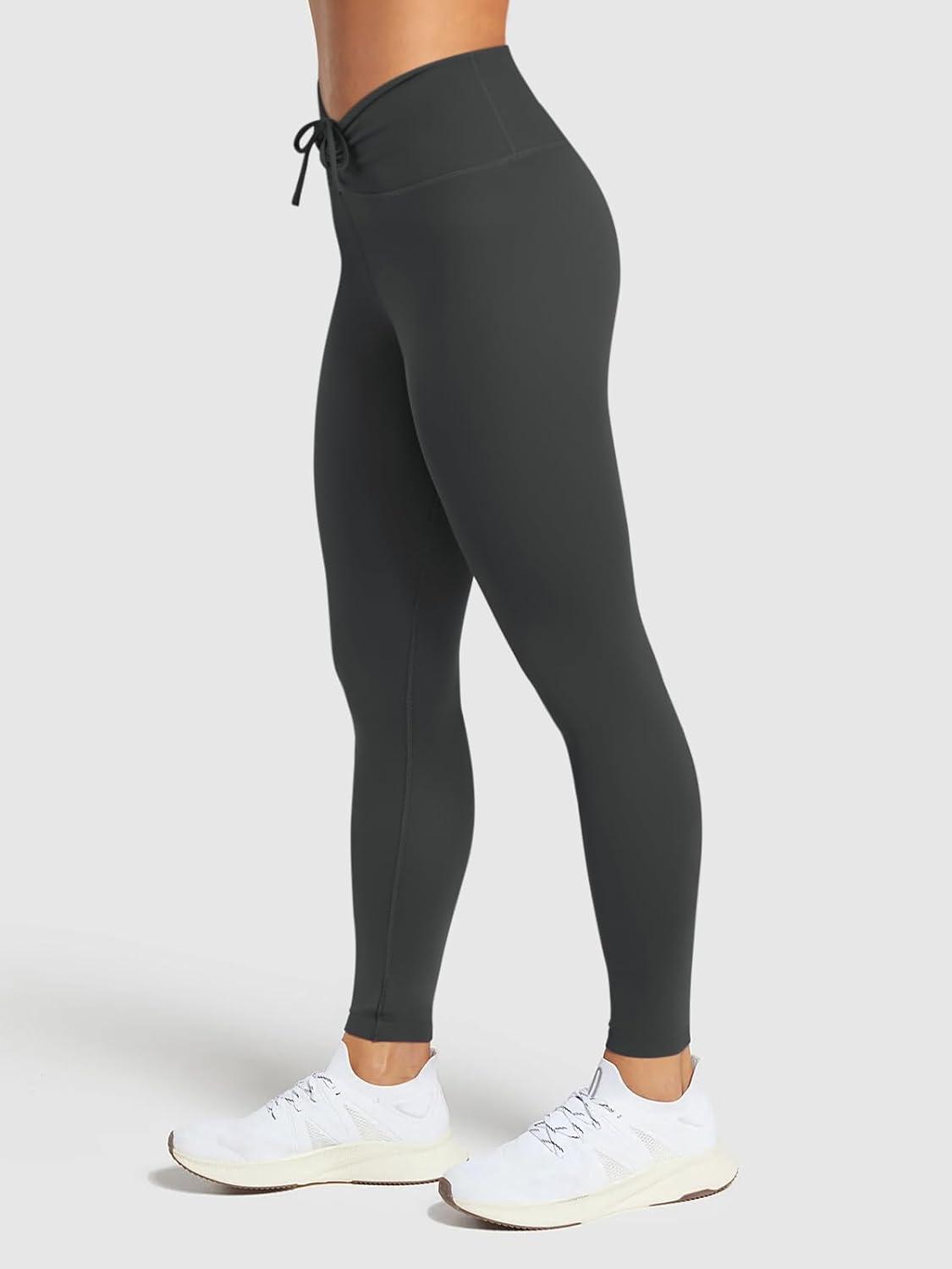 imageREORIA Womens HighWaisted with Adjustable Drawstring Full Length Trendy Yoga Pants Stretchy Workout Lounge Legging 28Dark Green
