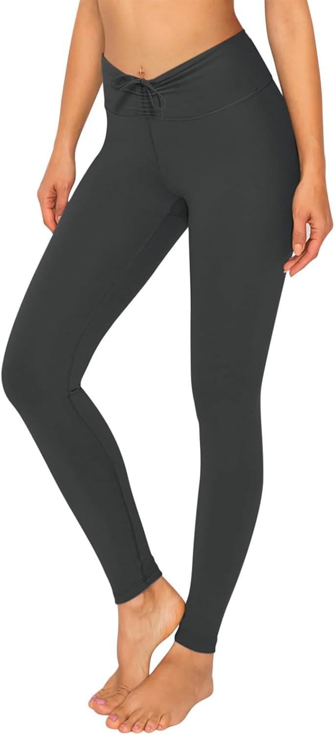 imageREORIA Womens HighWaisted with Adjustable Drawstring Full Length Trendy Yoga Pants Stretchy Workout Lounge Legging 28Dark Green