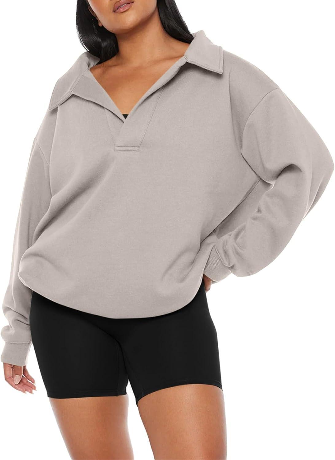 imageREORIA Womens Oversized Sweatshirts Fleece V Neck Pullover Tops Casual Comfy Fall Trendy Clothes 2024Apricot