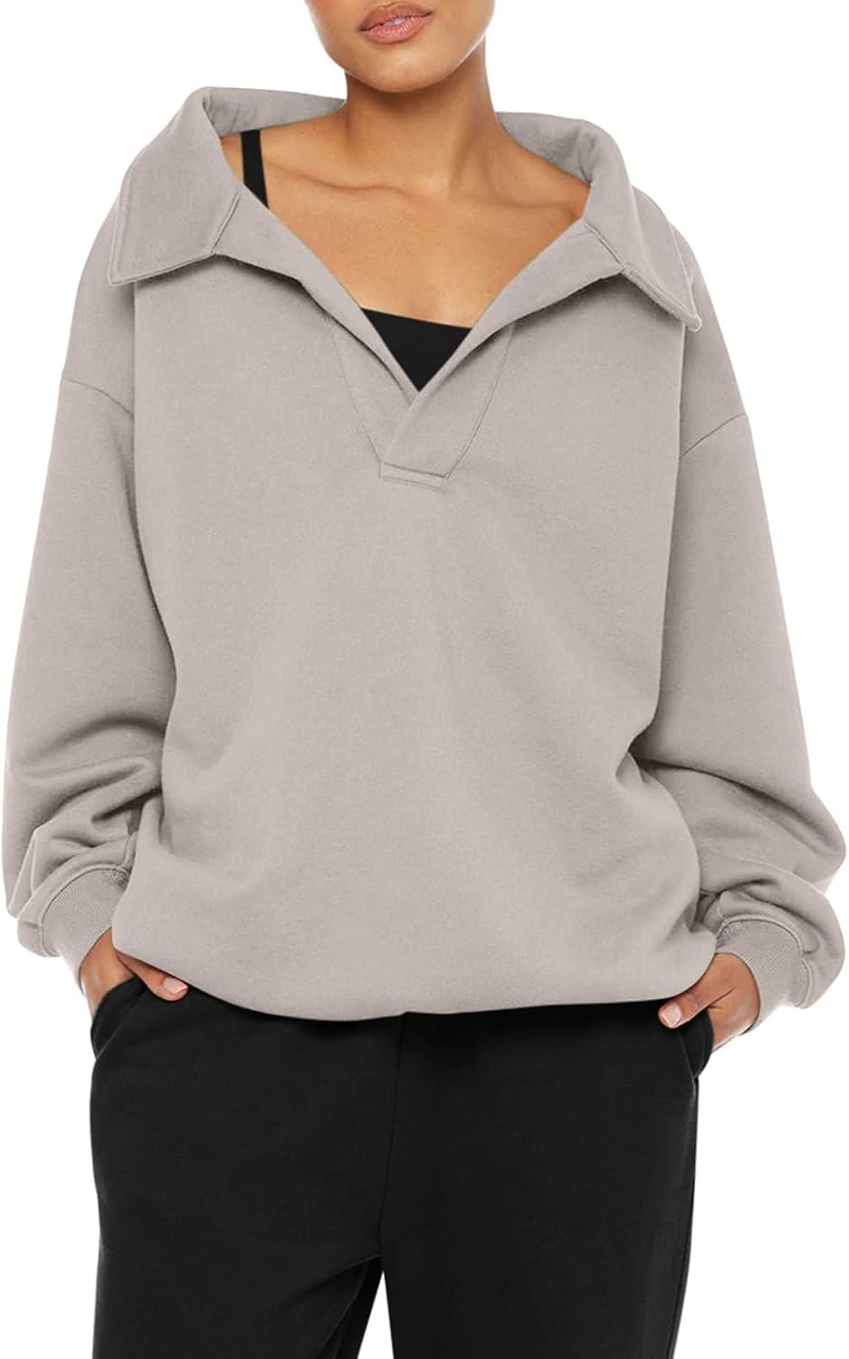 imageREORIA Womens Oversized Sweatshirts Fleece V Neck Pullover Tops Casual Comfy Fall Trendy Clothes 2024Apricot