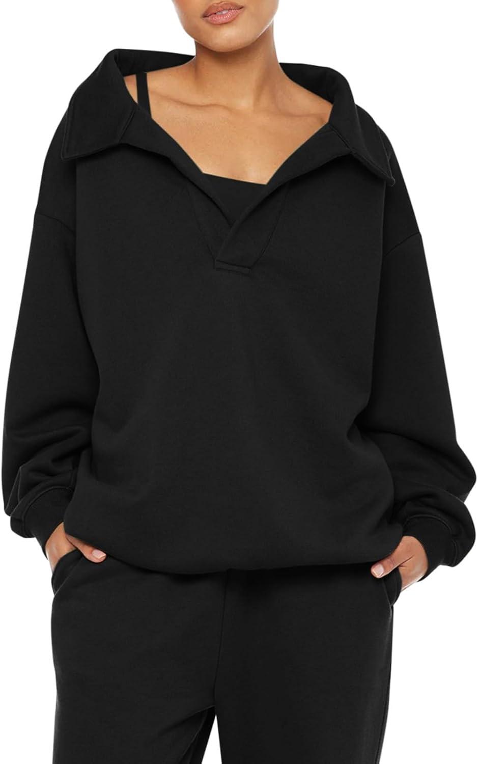 imageREORIA Womens Oversized Sweatshirts Fleece V Neck Pullover Tops Casual Comfy Fall Trendy Clothes 2024Black