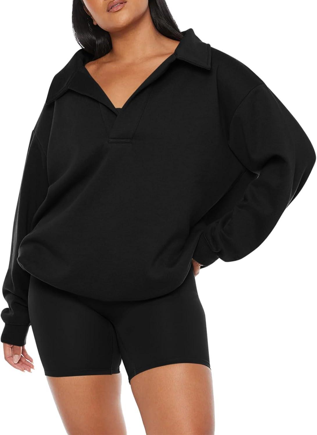 imageREORIA Womens Oversized Sweatshirts Fleece V Neck Pullover Tops Casual Comfy Fall Trendy Clothes 2024Black