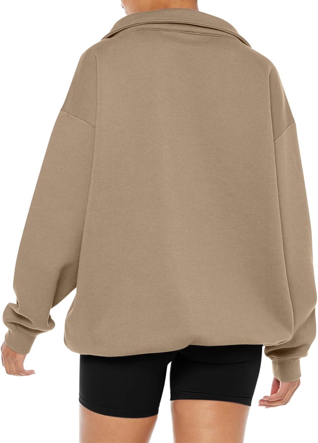imageREORIA Womens Oversized Sweatshirts Fleece V Neck Pullover Tops Casual Comfy Fall Trendy Clothes 2024Khaki