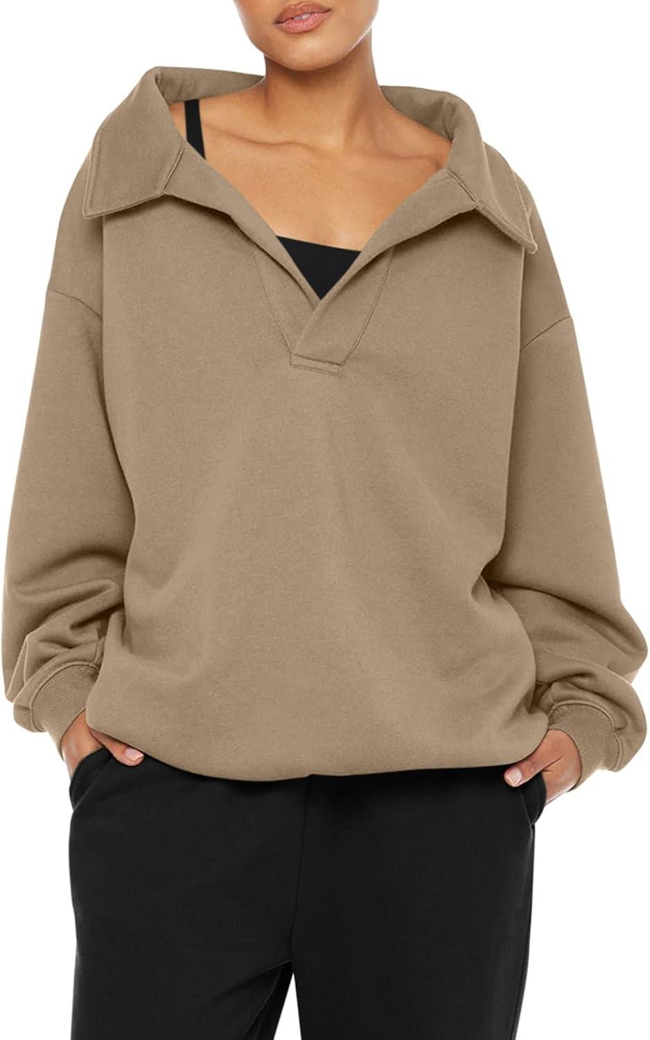 imageREORIA Womens Oversized Sweatshirts Fleece V Neck Pullover Tops Casual Comfy Fall Trendy Clothes 2024Khaki