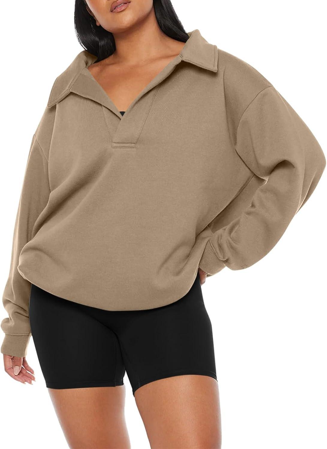 imageREORIA Womens Oversized Sweatshirts Fleece V Neck Pullover Tops Casual Comfy Fall Trendy Clothes 2024Khaki