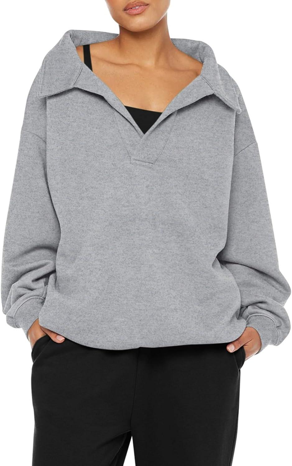 imageREORIA Womens Oversized Sweatshirts Fleece V Neck Pullover Tops Casual Comfy Fall Trendy Clothes 2024Light Grey