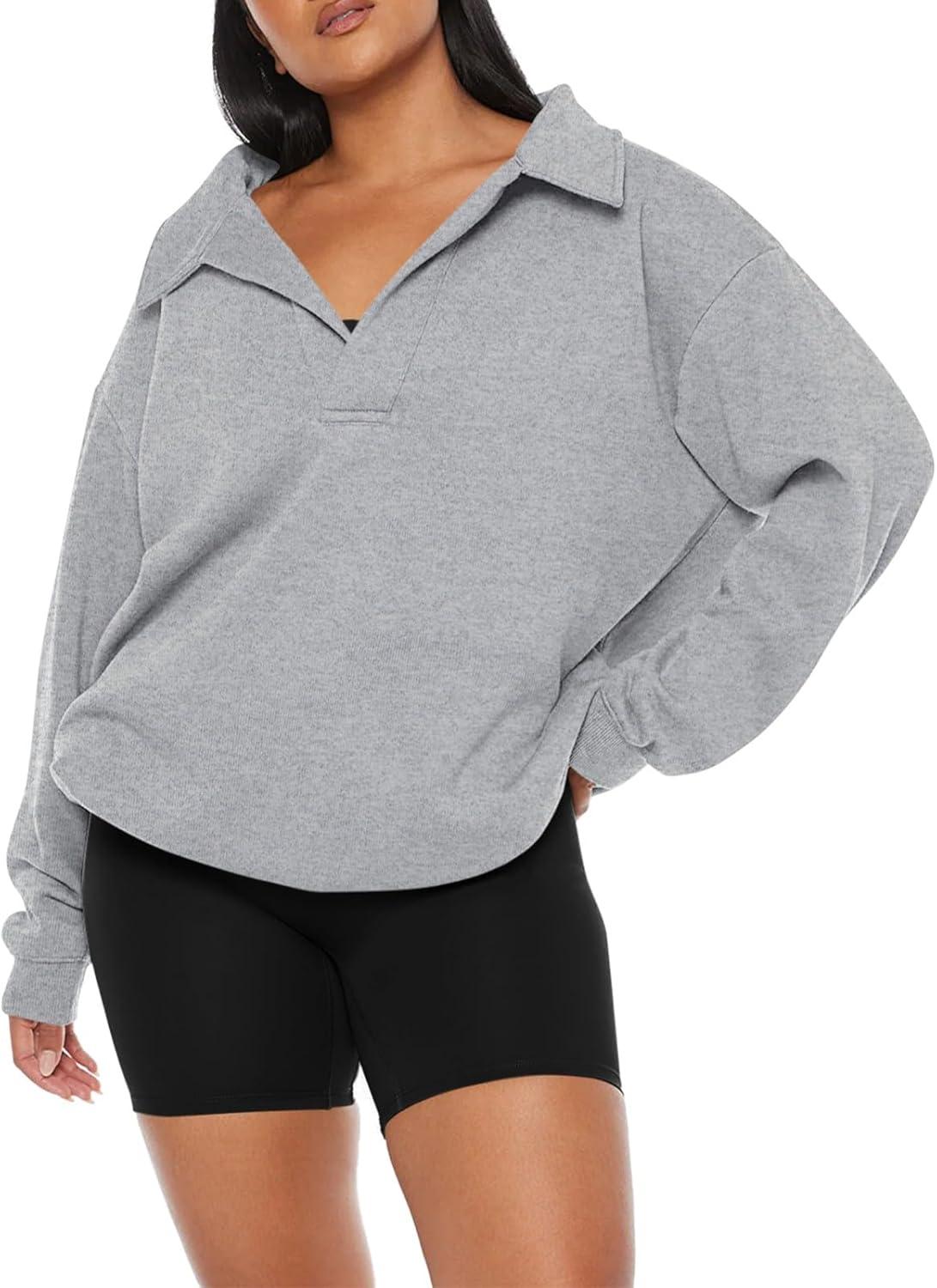 imageREORIA Womens Oversized Sweatshirts Fleece V Neck Pullover Tops Casual Comfy Fall Trendy Clothes 2024Light Grey