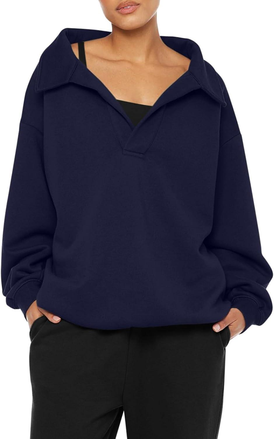 imageREORIA Womens Oversized Sweatshirts Fleece V Neck Pullover Tops Casual Comfy Fall Trendy Clothes 2024Navy Blue