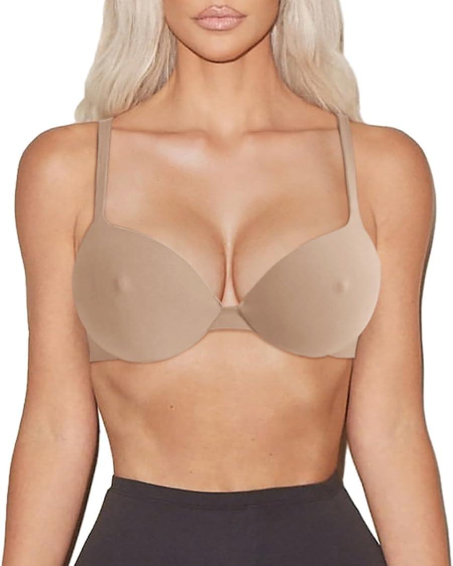 imageREORIA Womens Plunge Padded Nipple Push Up Bras Comfortable Smoothing Lightweight Supportive Underwire Push Up Tshirt Bras Clay 36D