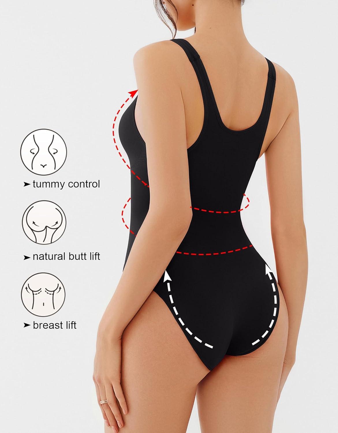 imageREORIA Womens Summer Tank Bodysuits Trendy Sexy Leotard V Neck Sleeveless Bodysuits TopsBlack