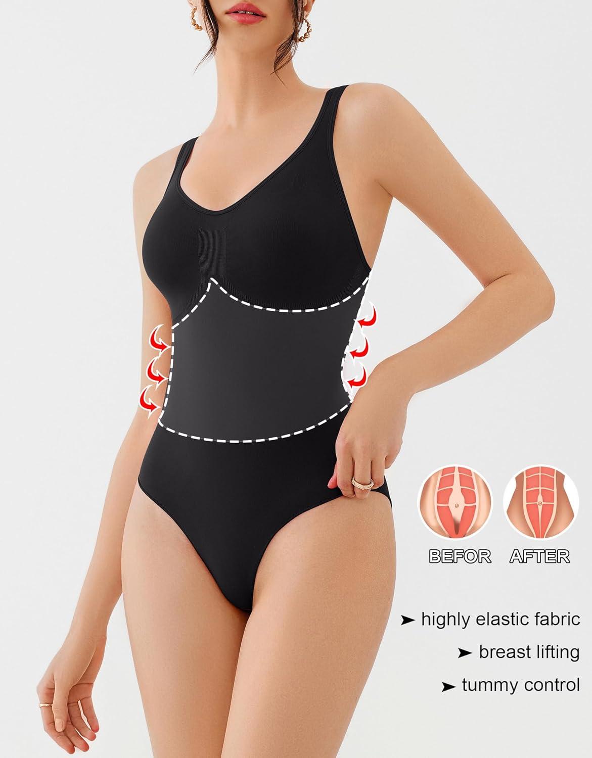imageREORIA Womens Summer Tank Bodysuits Trendy Sexy Leotard V Neck Sleeveless Bodysuits TopsBlack