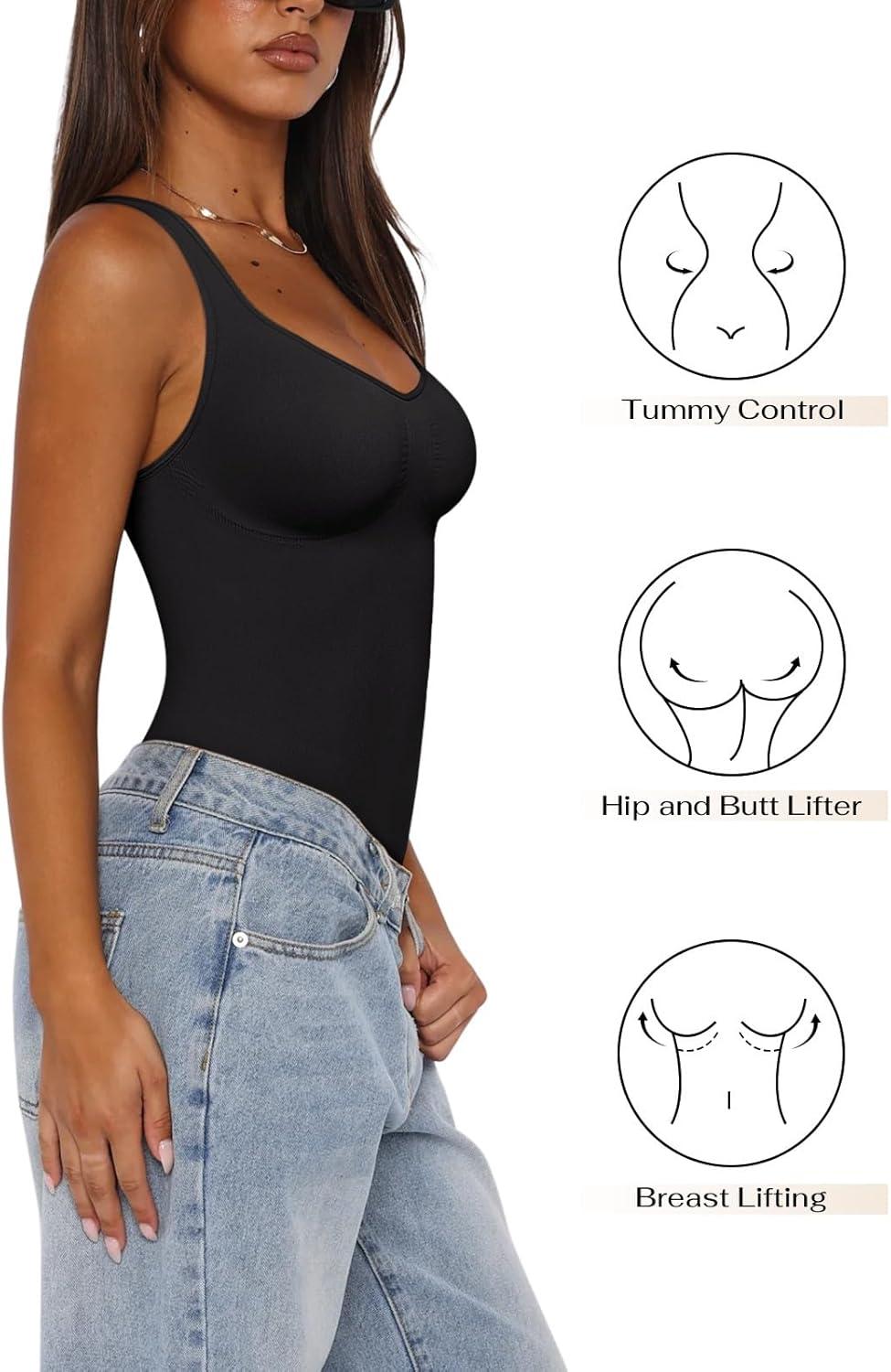 imageREORIA Womens Summer Tank Bodysuits Trendy Sexy Leotard V Neck Sleeveless Bodysuits TopsBlack