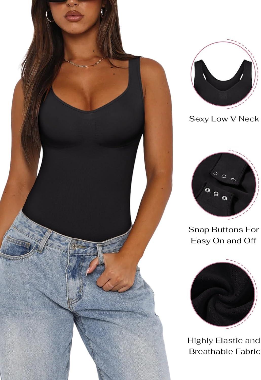 imageREORIA Womens Summer Tank Bodysuits Trendy Sexy Leotard V Neck Sleeveless Bodysuits TopsBlack