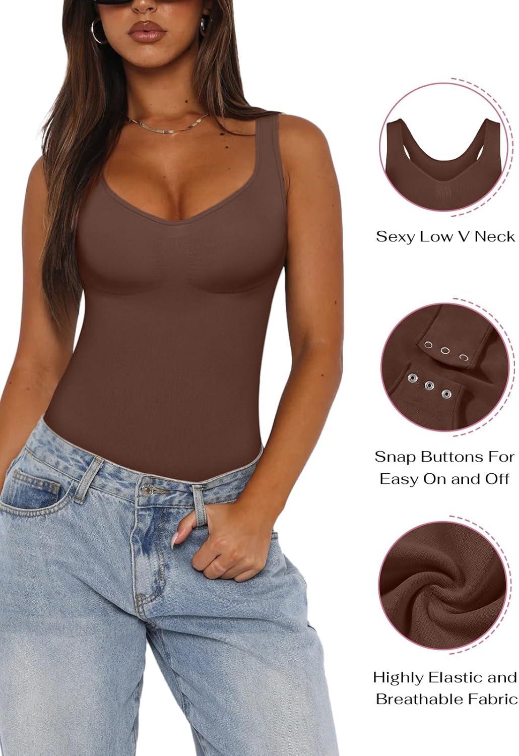 imageREORIA Womens Summer Tank Bodysuits Trendy Sexy Leotard V Neck Sleeveless Bodysuits TopsCoffee