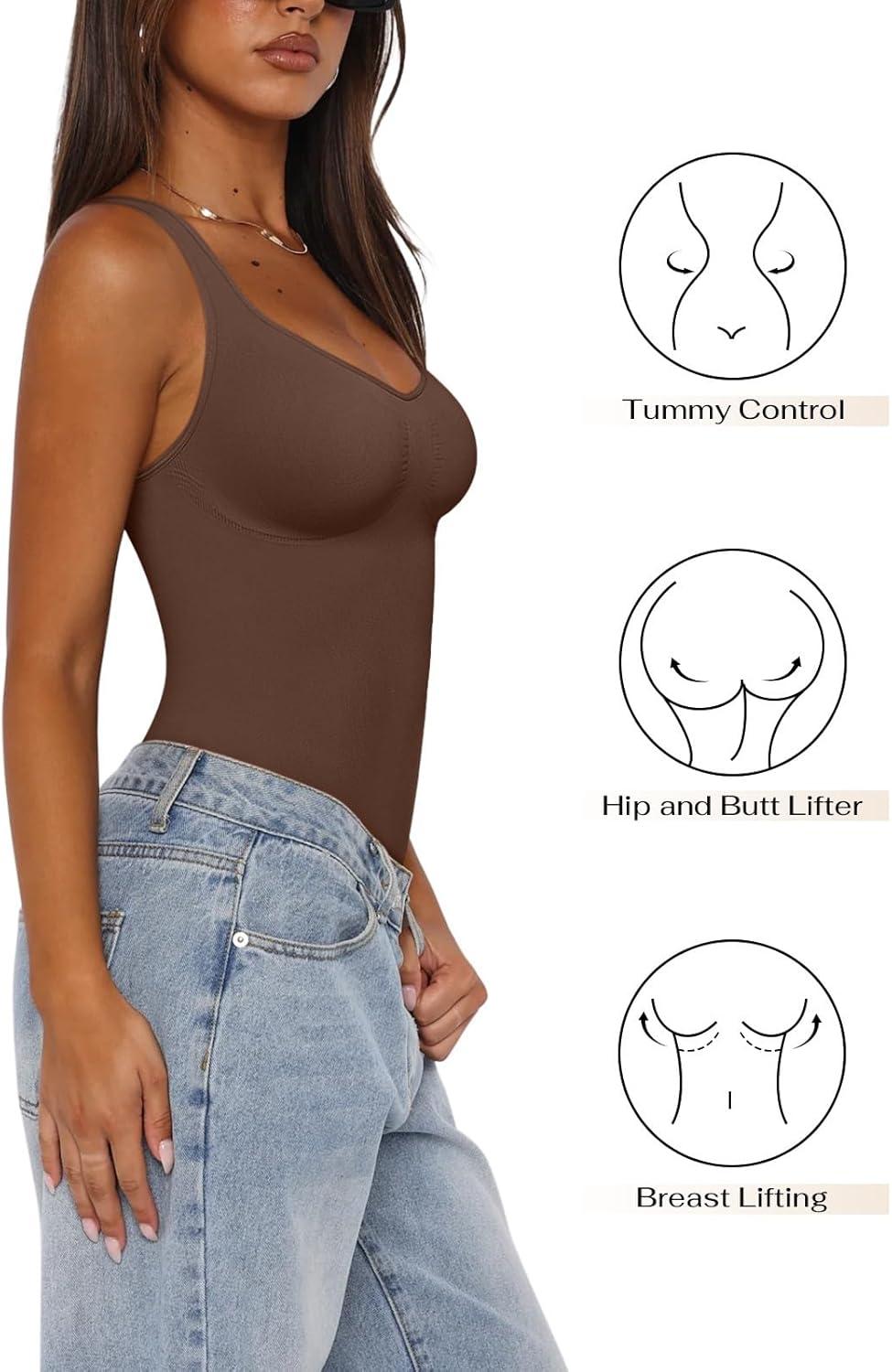 imageREORIA Womens Summer Tank Bodysuits Trendy Sexy Leotard V Neck Sleeveless Bodysuits TopsCoffee