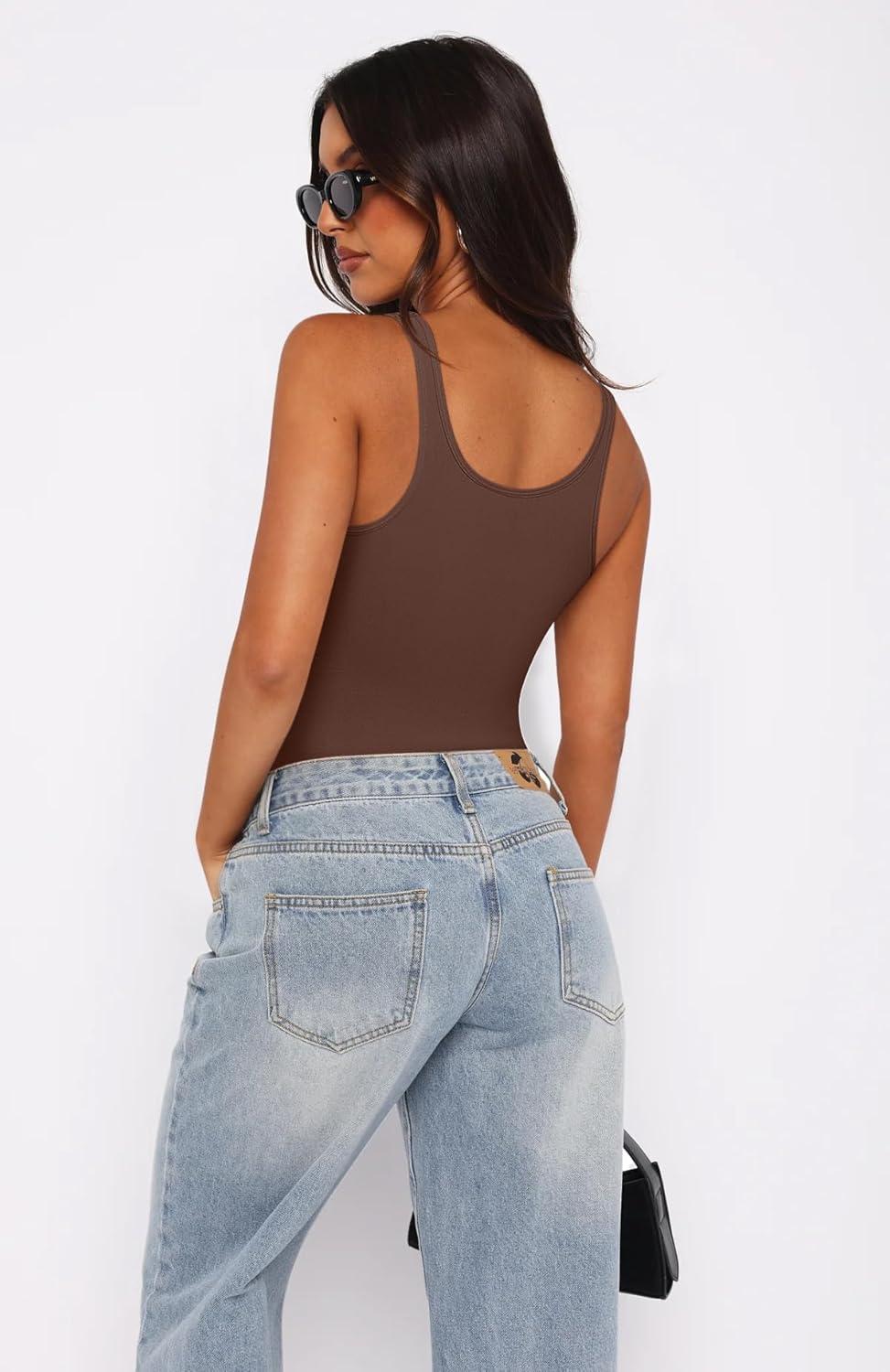 imageREORIA Womens Summer Tank Bodysuits Trendy Sexy Leotard V Neck Sleeveless Bodysuits TopsCoffee