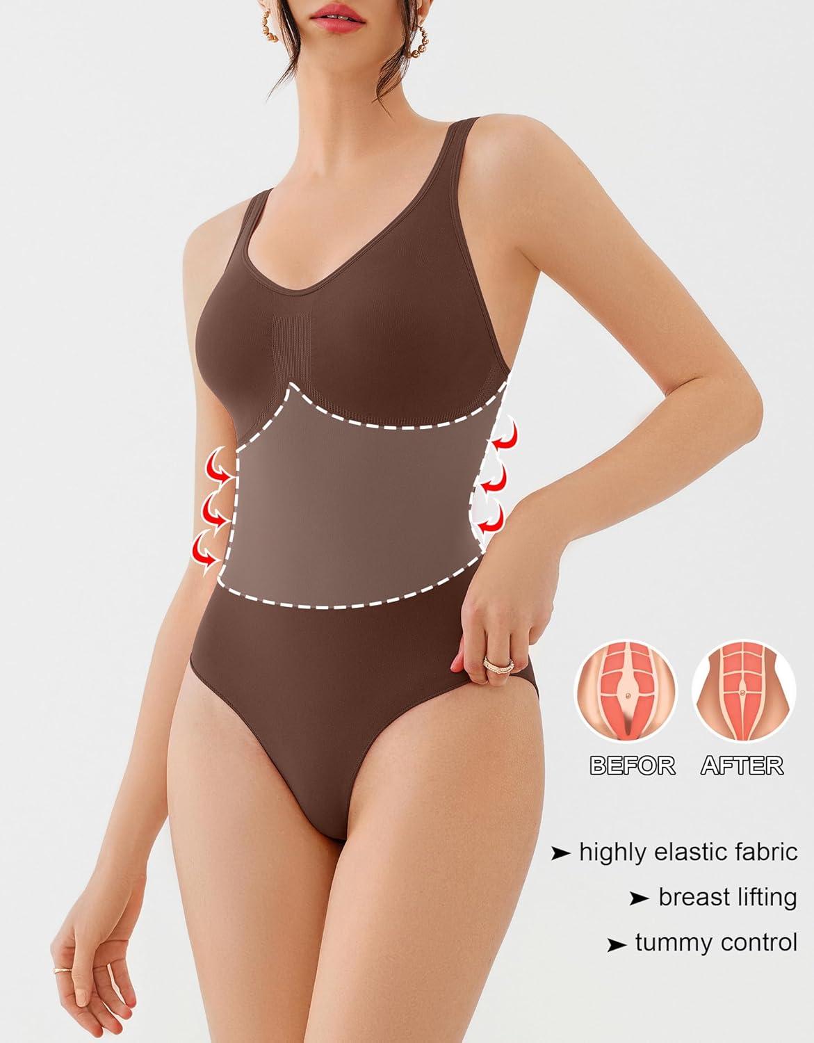 imageREORIA Womens Summer Tank Bodysuits Trendy Sexy Leotard V Neck Sleeveless Bodysuits TopsCoffee