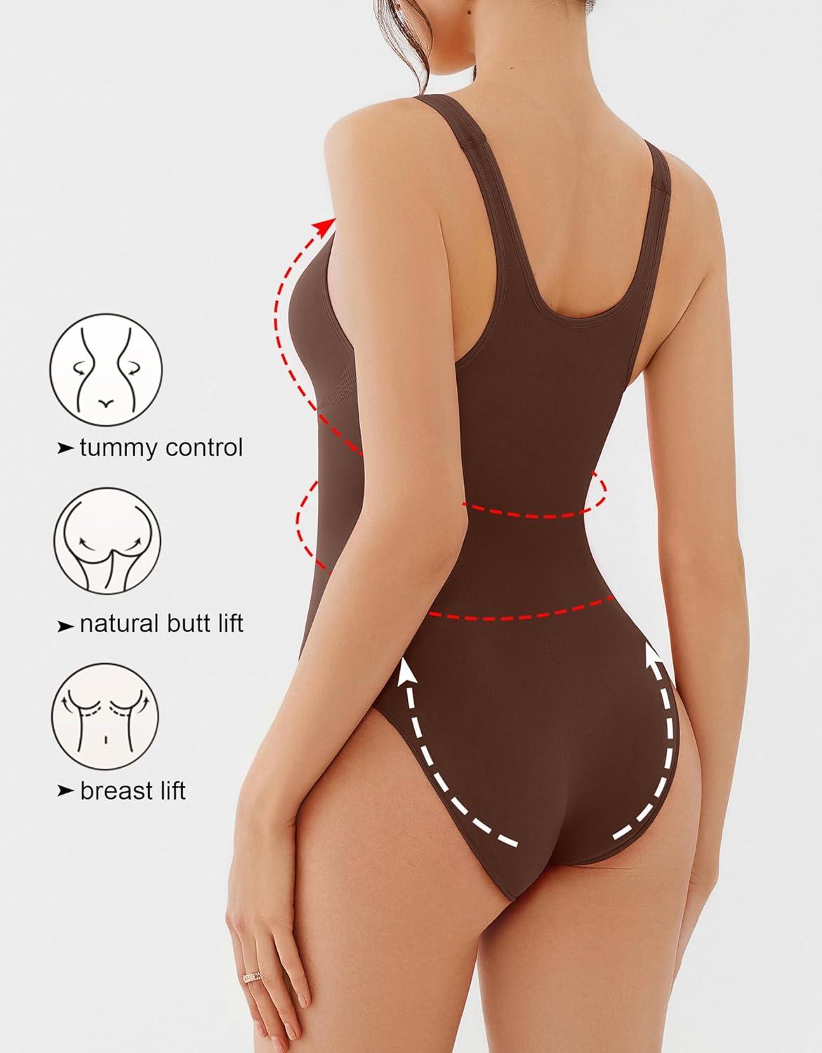 imageREORIA Womens Summer Tank Bodysuits Trendy Sexy Leotard V Neck Sleeveless Bodysuits TopsCoffee