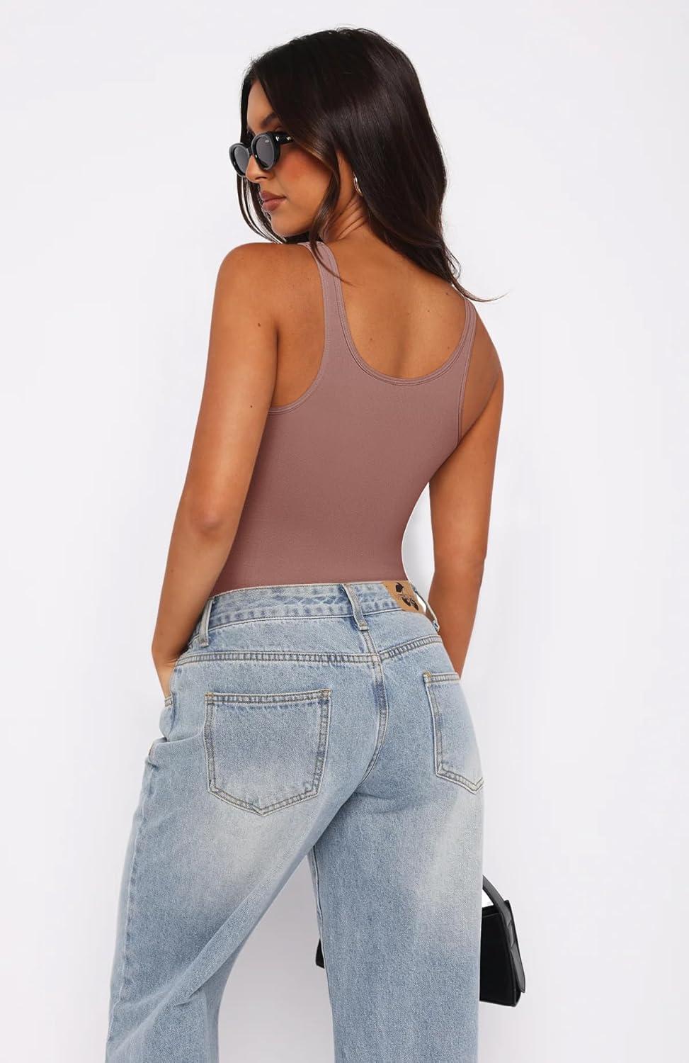imageREORIA Womens Summer Tank Bodysuits Trendy Sexy Leotard V Neck Sleeveless Bodysuits TopsGray Purple