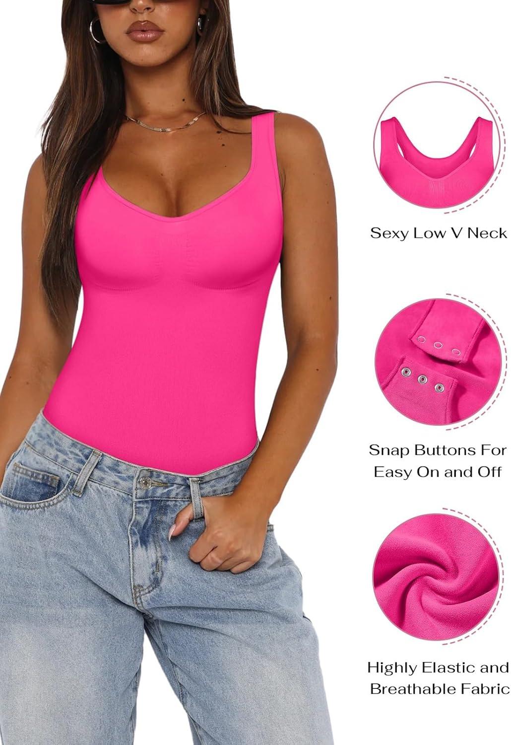 imageREORIA Womens Summer Tank Bodysuits Trendy Sexy Leotard V Neck Sleeveless Bodysuits TopsNeon Rose Red