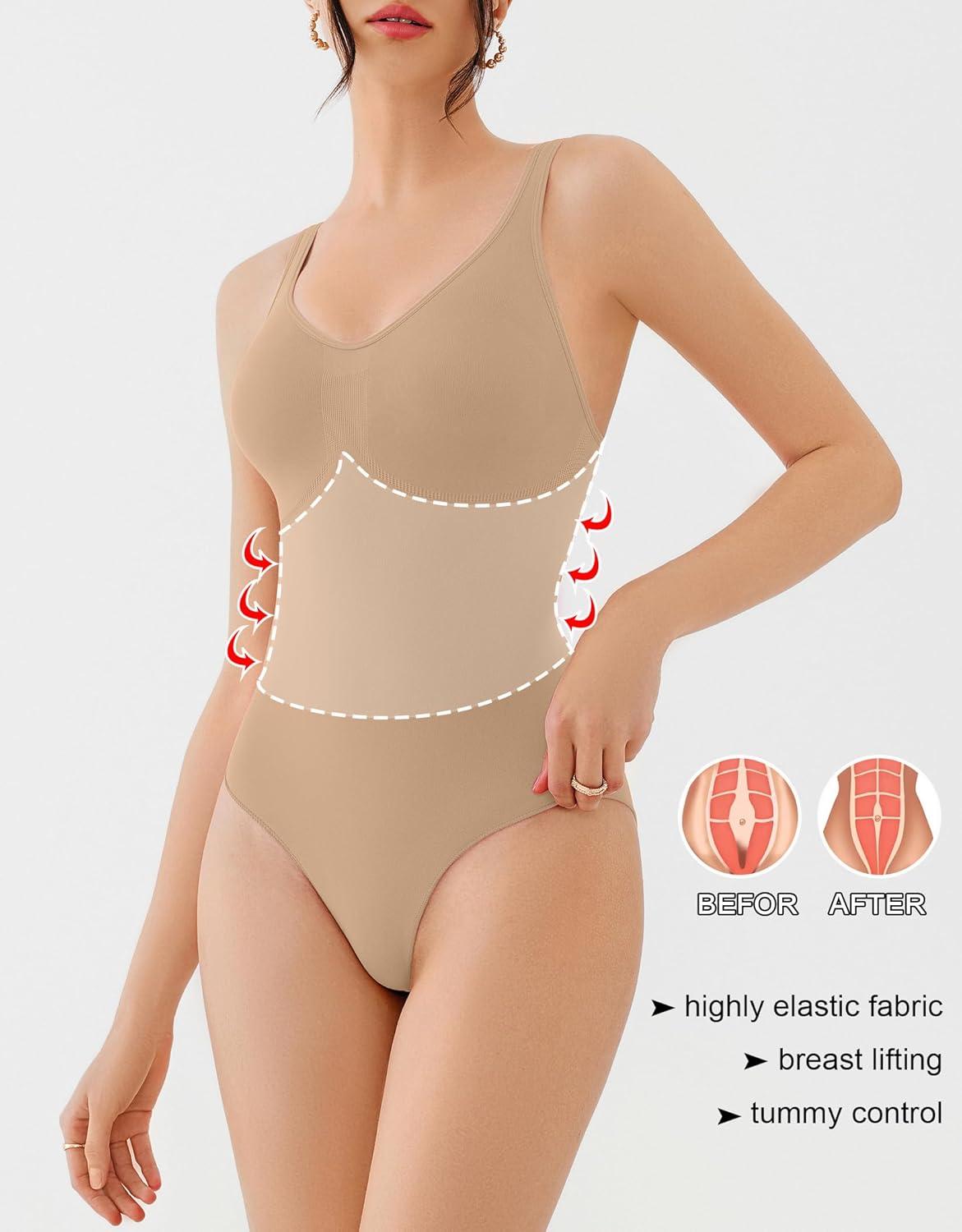 imageREORIA Womens Summer Tank Bodysuits Trendy Sexy Leotard V Neck Sleeveless Bodysuits TopsNude