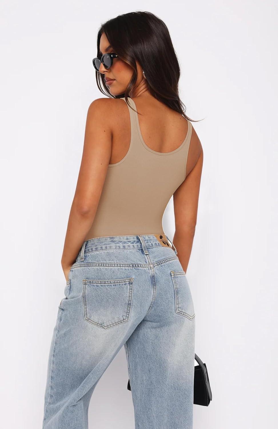imageREORIA Womens Summer Tank Bodysuits Trendy Sexy Leotard V Neck Sleeveless Bodysuits TopsNude